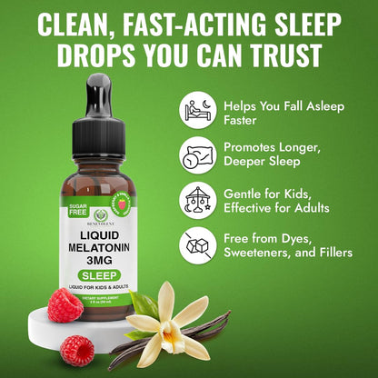 Benevolent 3mg Liquid Melatonin Drops – Fast-Acting Sleep Aid for Adults & Kids, Berry Vanilla (USA Made, 2 Month Supply)