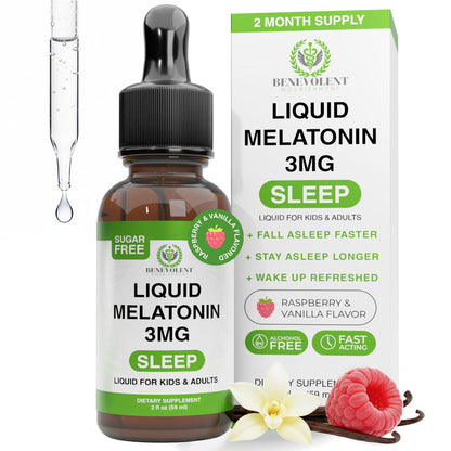 Benevolent 3mg Liquid Melatonin Drops – Fast-Acting Sleep Aid for Adults & Kids, Berry Vanilla (USA Made, 2 Month Supply)