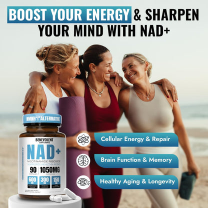 Benevolent NAD+ Supplement 1050mg | 3-in-1 NAD+ for Energy, Brain & Aging | 90 Caps
