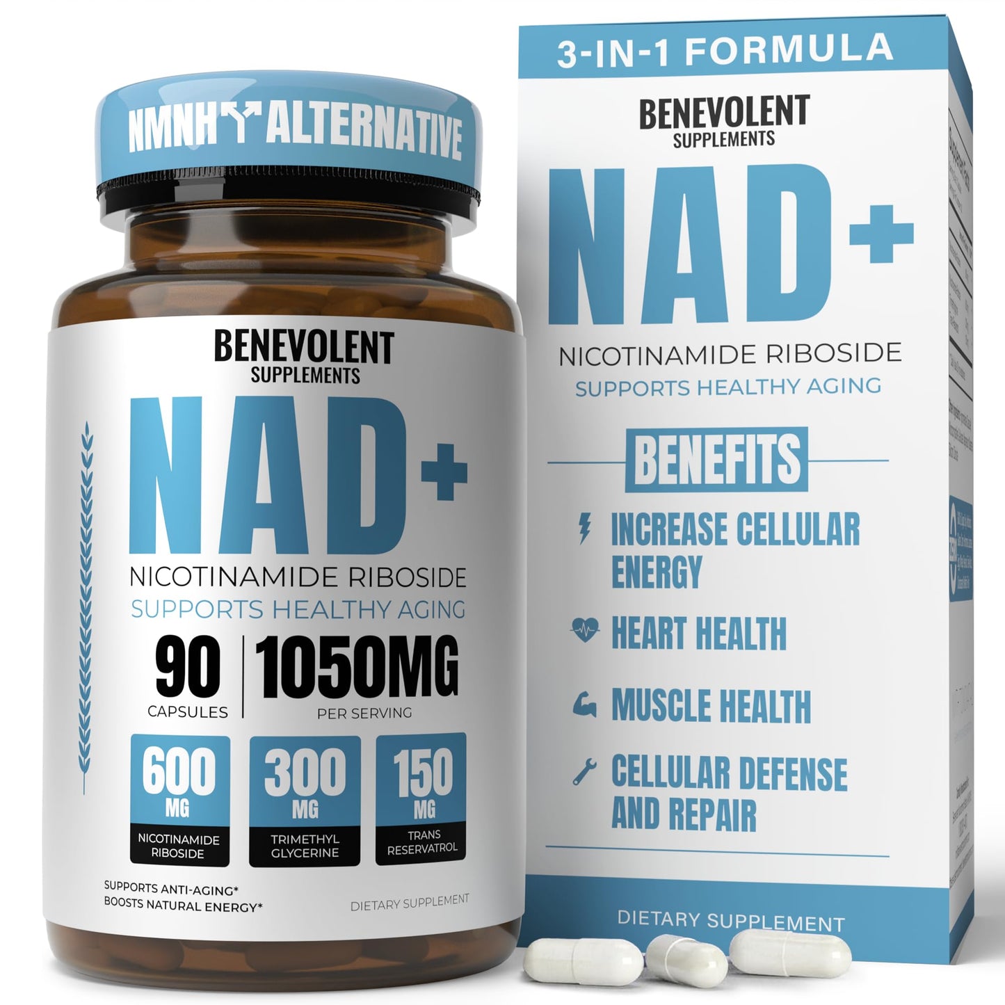 Benevolent NAD+ Supplement 1050mg | 3-in-1 NAD+ for Energy, Brain & Aging | 90 Caps