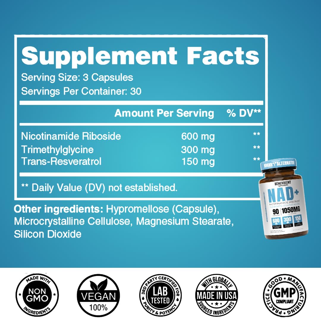 Benevolent NAD+ Supplement 1050mg | 3-in-1 NAD+ for Energy, Brain & Aging | 90 Caps