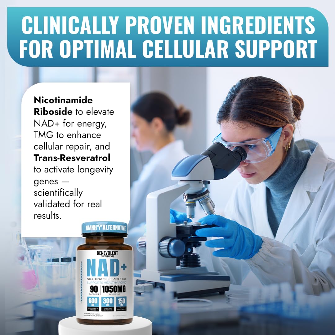 Benevolent NAD+ Supplement 1050mg | 3-in-1 NAD+ for Energy, Brain & Aging | 90 Caps