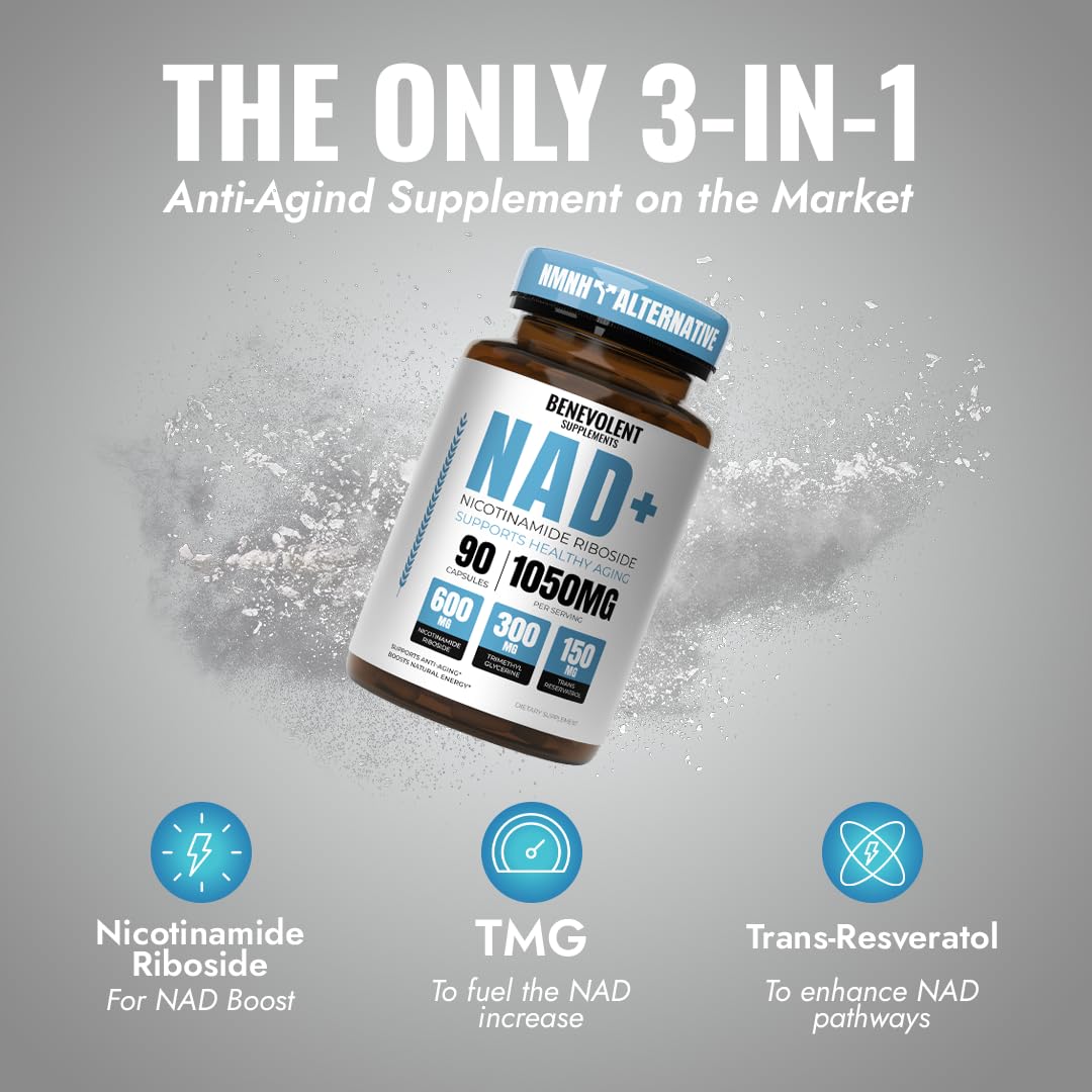 Benevolent NAD+ Supplement 1050mg | 3-in-1 NAD+ for Energy, Brain & Aging | 90 Caps