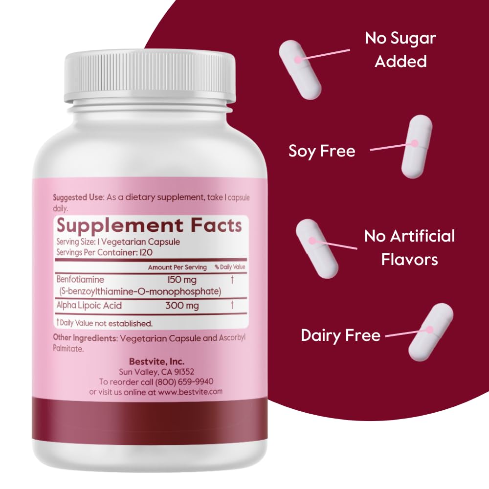 Benfotiamine 150mg + Alpha Lipoic Acid 300mg - 120 Veg Capsules | No Stearates, Vegan, Gluten Free, Non-GMO