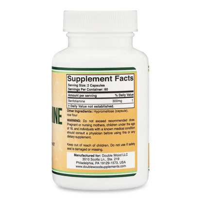 Benfotiamine 300mg Servings – 120 Capsules (150mg per) Non-GMO | Double Wood