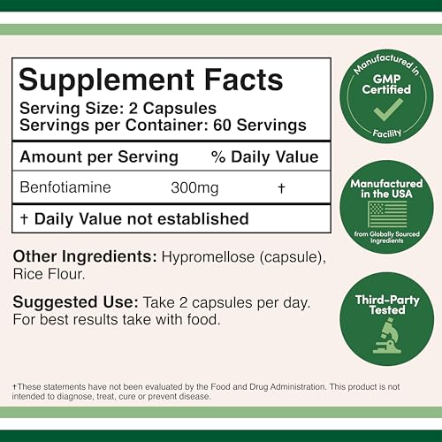 Benfotiamine 300mg Servings – 120 Capsules (150mg per) Non-GMO | Double Wood