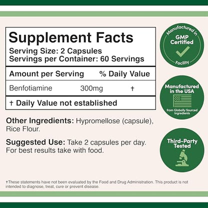 Benfotiamine 300mg Servings – 120 Capsules (150mg per) Non-GMO | Double Wood