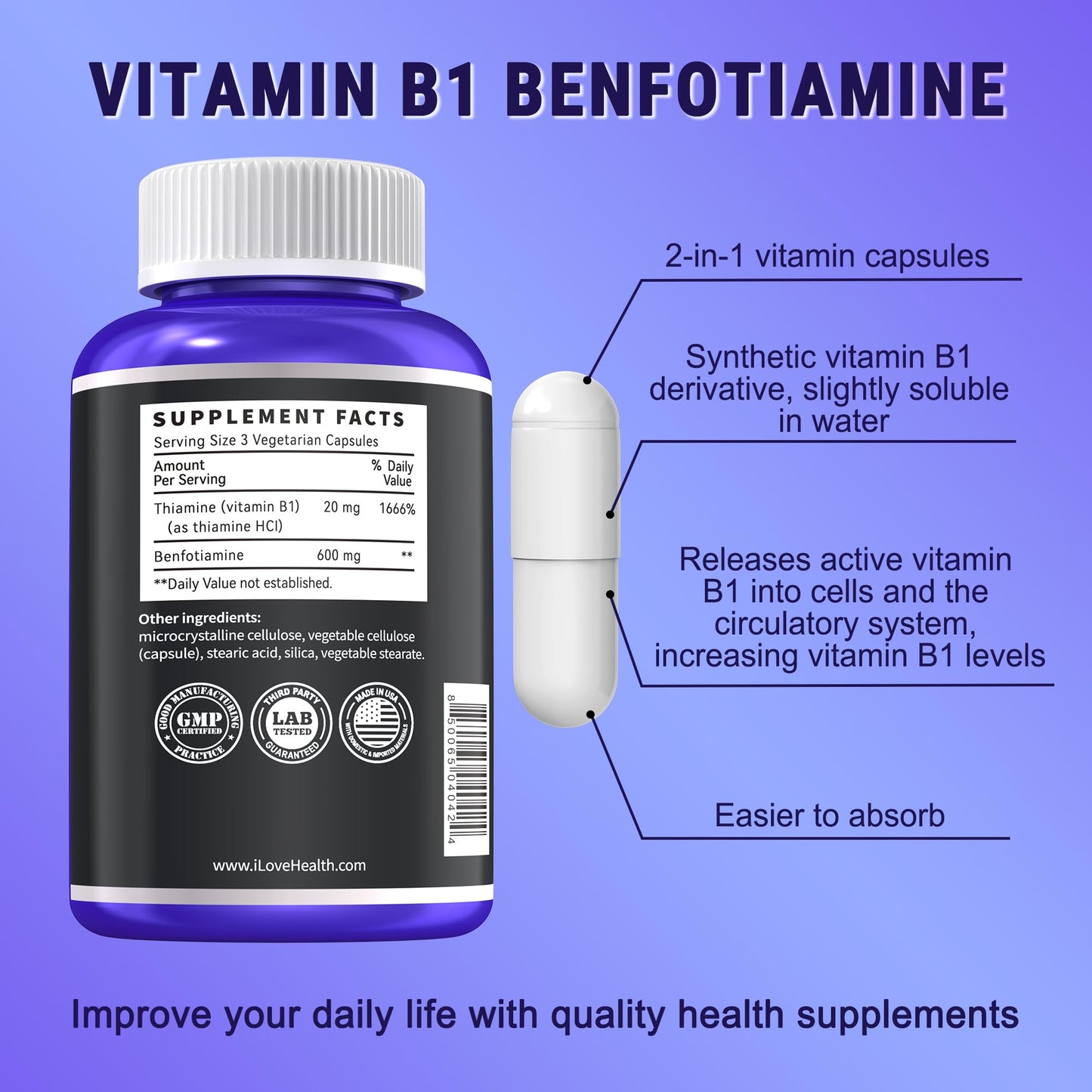 Benfotiamine 600mg + 20mg Vitamin B1 – 120 Veggie Capsules | Made in USA | 3rd-Party Tested