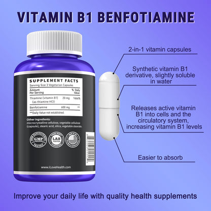 Benfotiamine 600mg + 20mg Vitamin B1 – 120 Veggie Capsules | Made in USA | 3rd-Party Tested