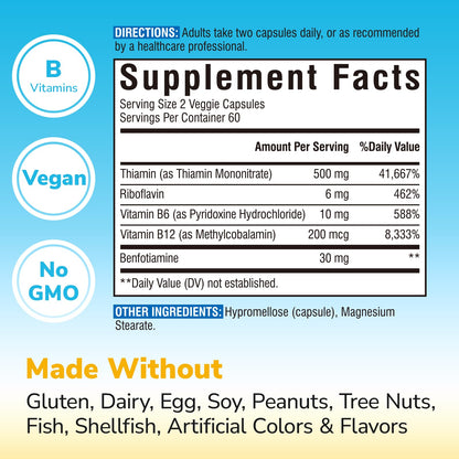 Mega Vitamin B1 500 mg with Benfotiamine – Vegan B-Complex (B1/B2/B6/B12) 120 Capsules