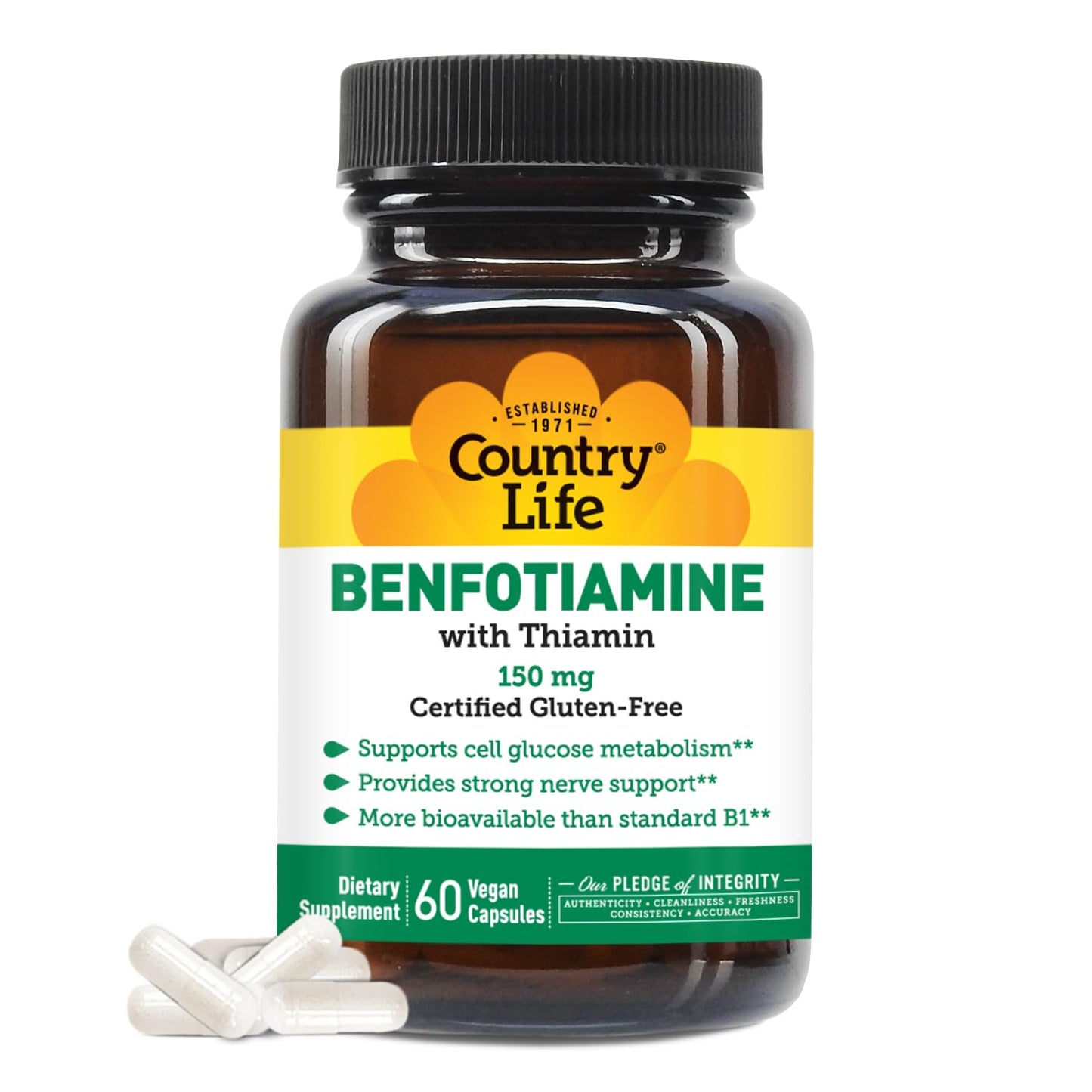 Country Life Benfotiamine with Thiamin – 150 mg, 60 Vegetarian Capsules | Gluten Free & Vegan