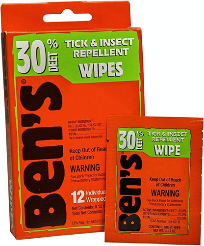 Ben's 30% Deet Mosquito & Tick Field Wipes – 24 Pack