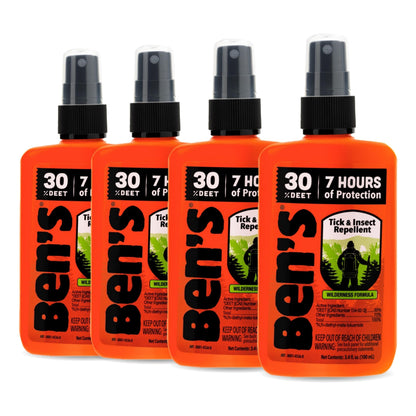 Ben's Tick & Insect Repellent - Travel-Size 30% DEET Bug Spray - 7 Hours Protection - Fragrance-Free - 3.4 oz (4 Pack)