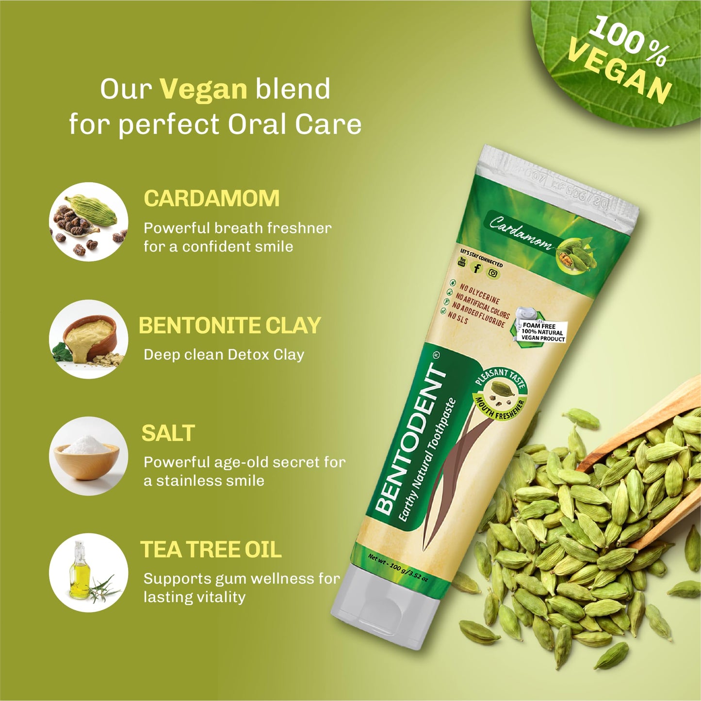 Bentodent Fluoride-Free Remineralizing Bentonite Toothpaste with Cardamom – Mint-Free, 3.52 oz