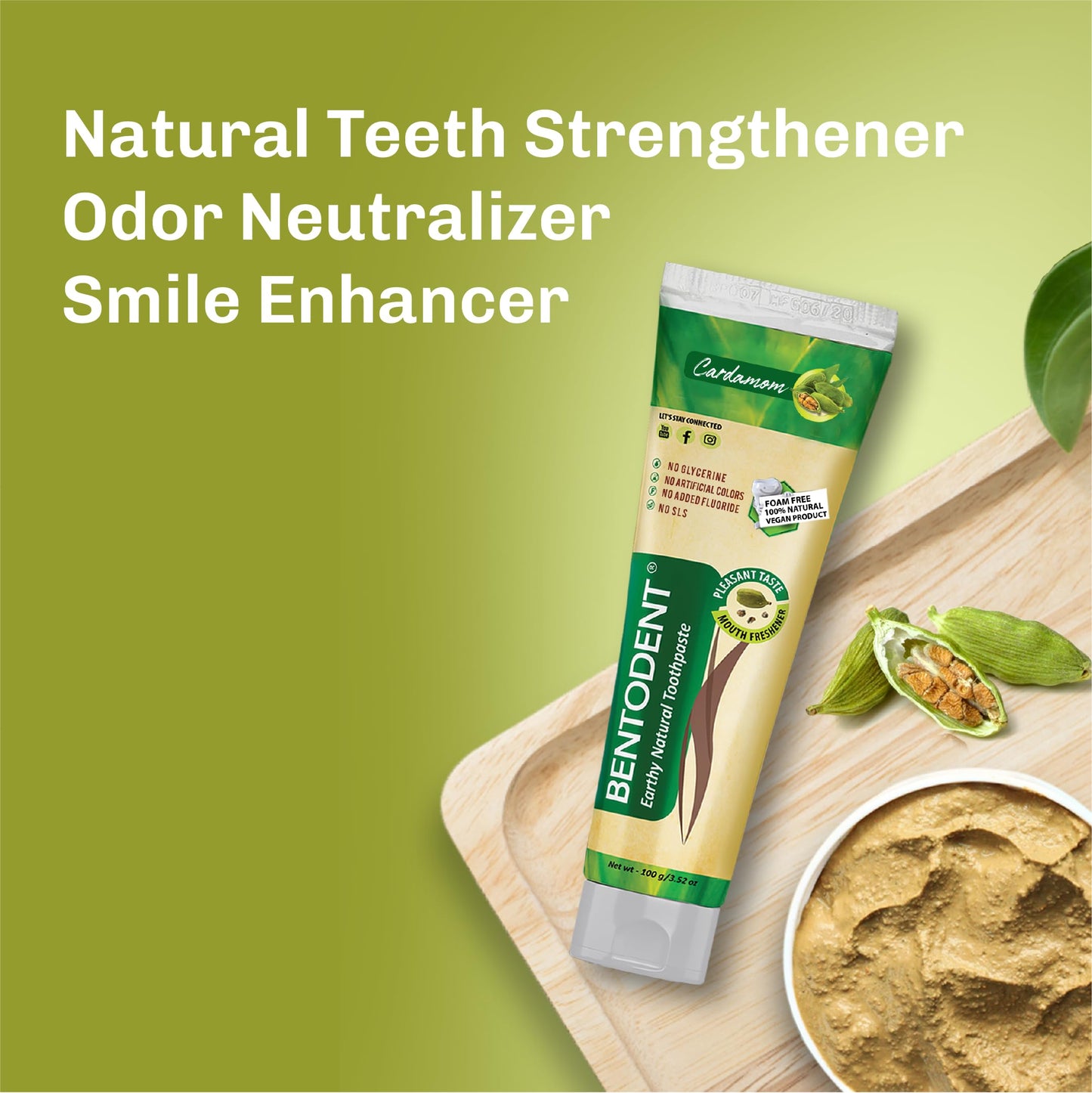 Bentodent Fluoride-Free Remineralizing Bentonite Toothpaste with Cardamom – Mint-Free, 3.52 oz
