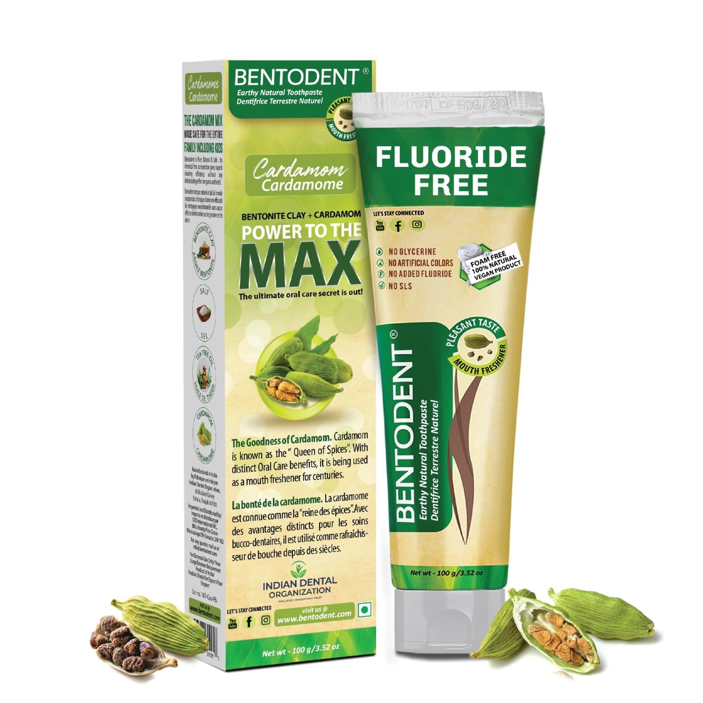 BENTODENT Fluoride-Free Remineralizing Calcium Bentonite Clay Toothpaste – Cardamom, Mint-Free, 3.52 oz