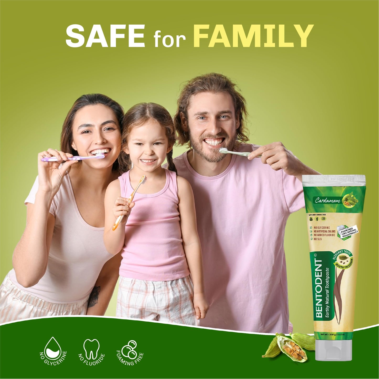 BENTODENT Fluoride-Free Remineralizing Calcium Bentonite Clay Toothpaste – Cardamom, Mint-Free, 3.52 oz