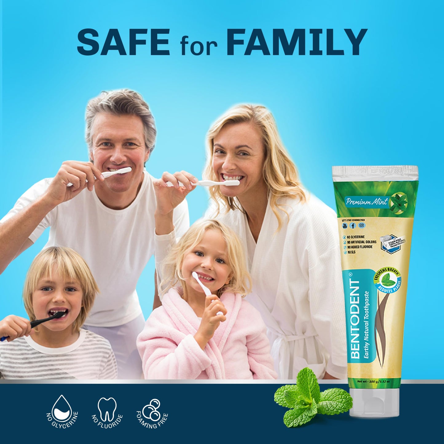 Bentodent Calcium Bentonite Toothpaste – Fluoride Free, SLS Free, Mint & Cardamom (Family Pack)
