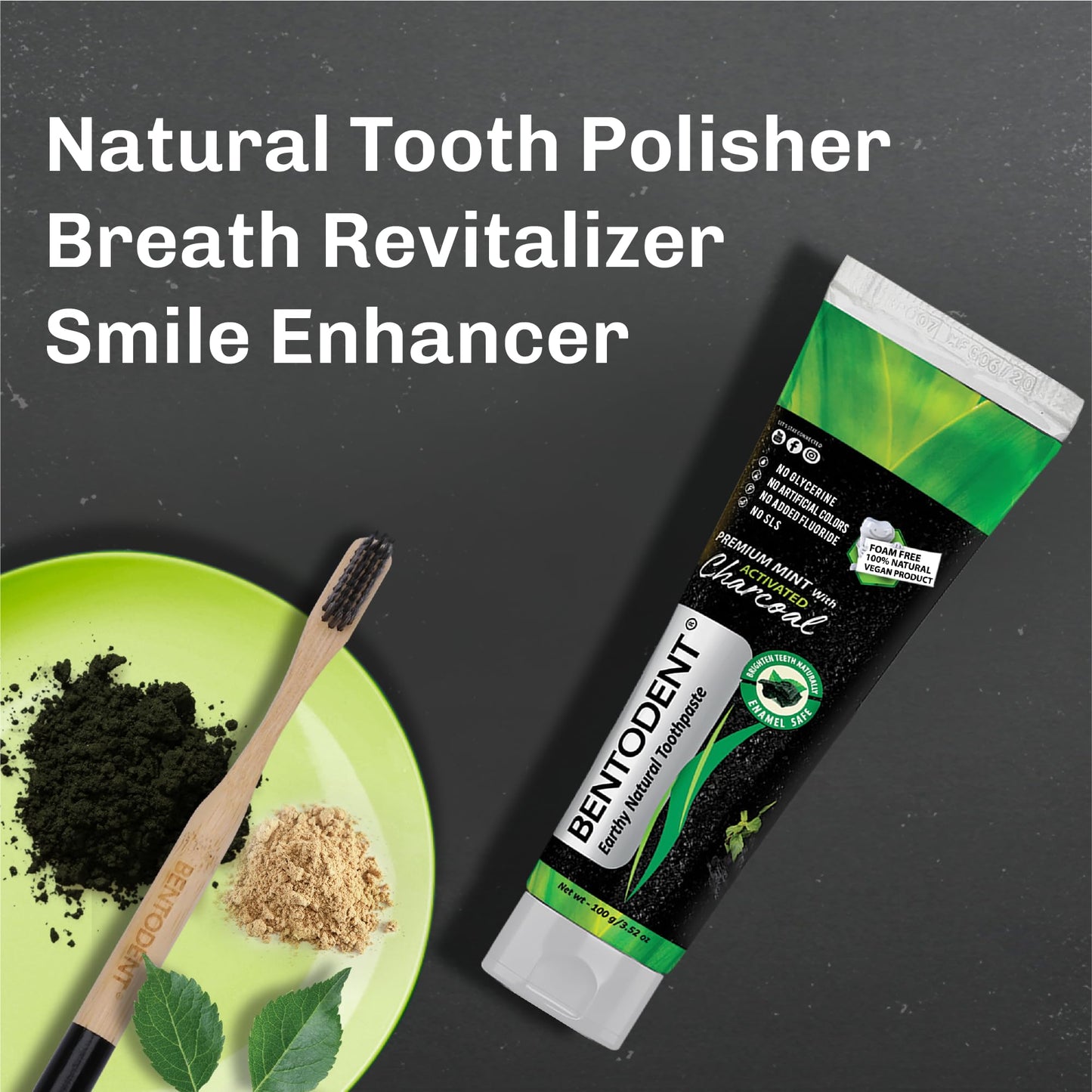 Bentodent Fluoride-Free Charcoal Toothpaste with Bentonite Clay | Natural Vegan Whitening