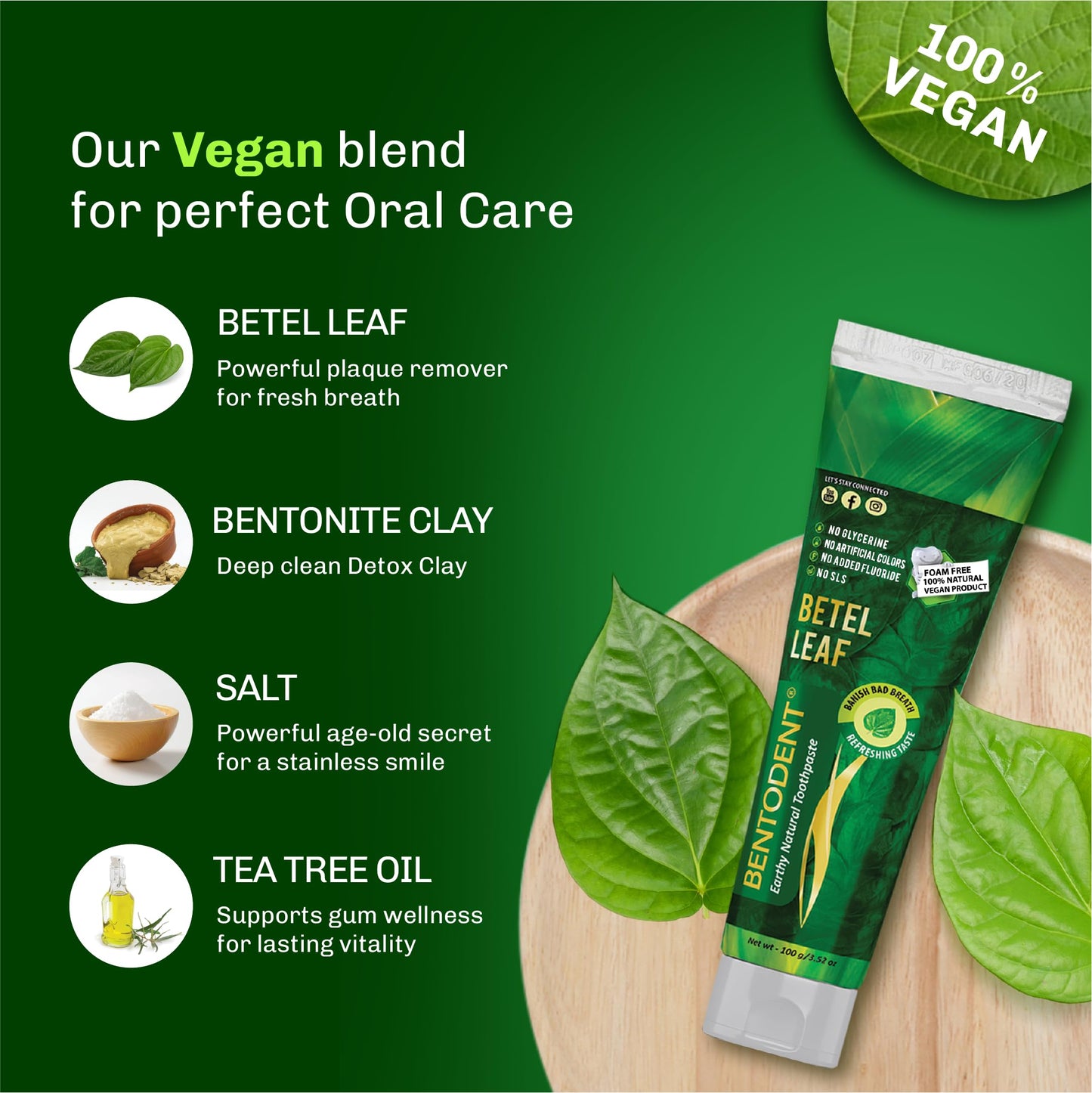 Bentodent Fluoride-Free Remineralizing Toothpaste – Organic Bentonite Clay & Betel Leaf | SLS-Free, Vegan