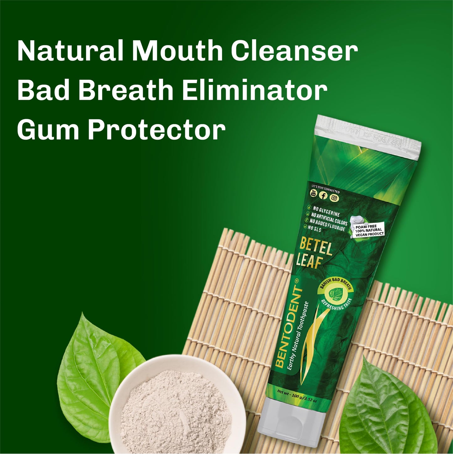 Bentodent Fluoride-Free Remineralizing Toothpaste – Organic Bentonite Clay & Betel Leaf | SLS-Free, Vegan