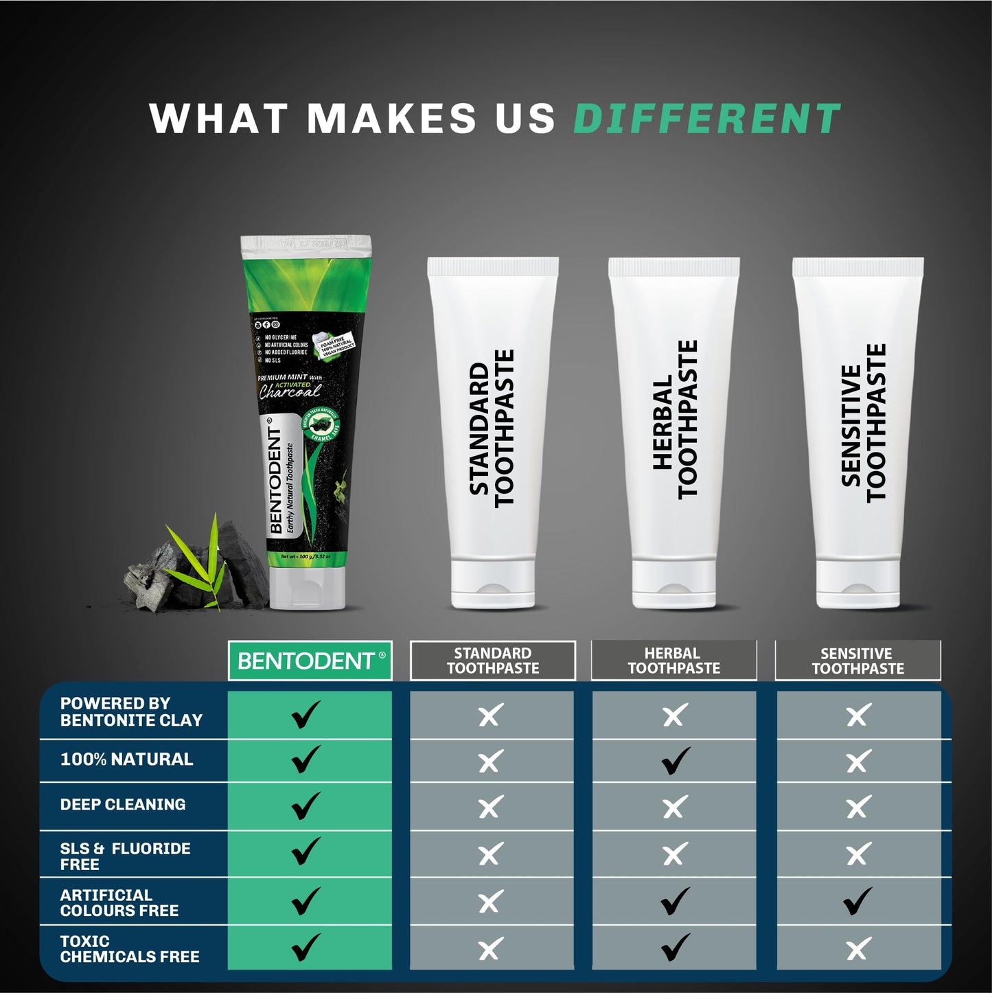 Bentodent Fluoride-Free Charcoal Toothpaste with Bentonite Clay | Natural Vegan Whitening