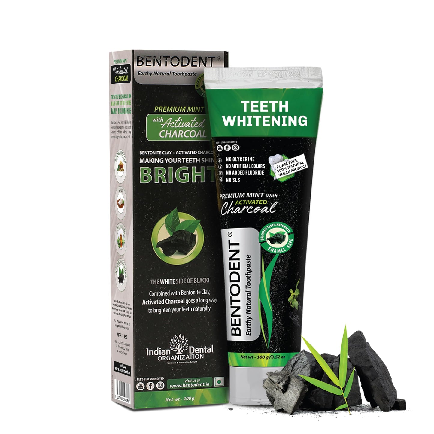 BENTODENT Toothpaste - Bentonite Clay & Activated Charcoal, Fluoride-Free, SLS-Free, Vegan, 3.52 oz