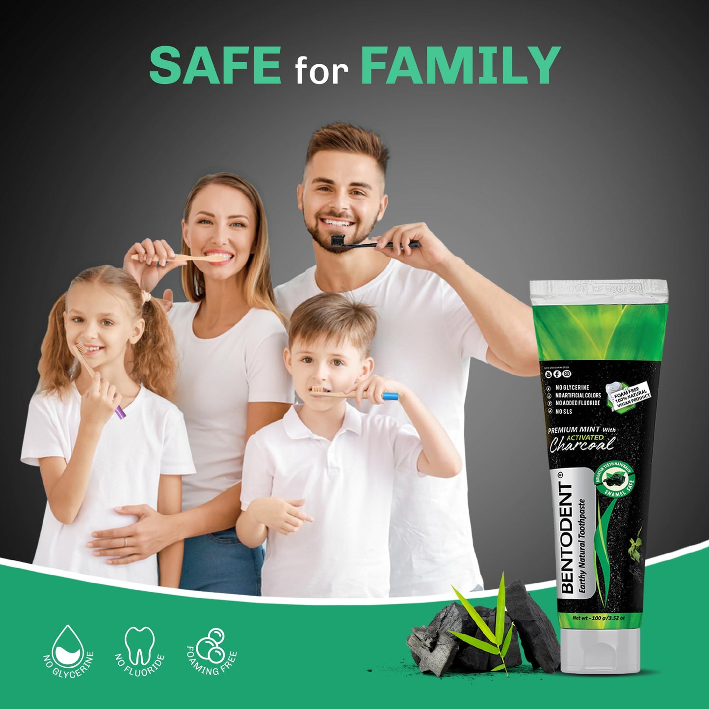 BENTODENT Toothpaste - Bentonite Clay & Activated Charcoal, Fluoride-Free, SLS-Free, Vegan, 3.52 oz