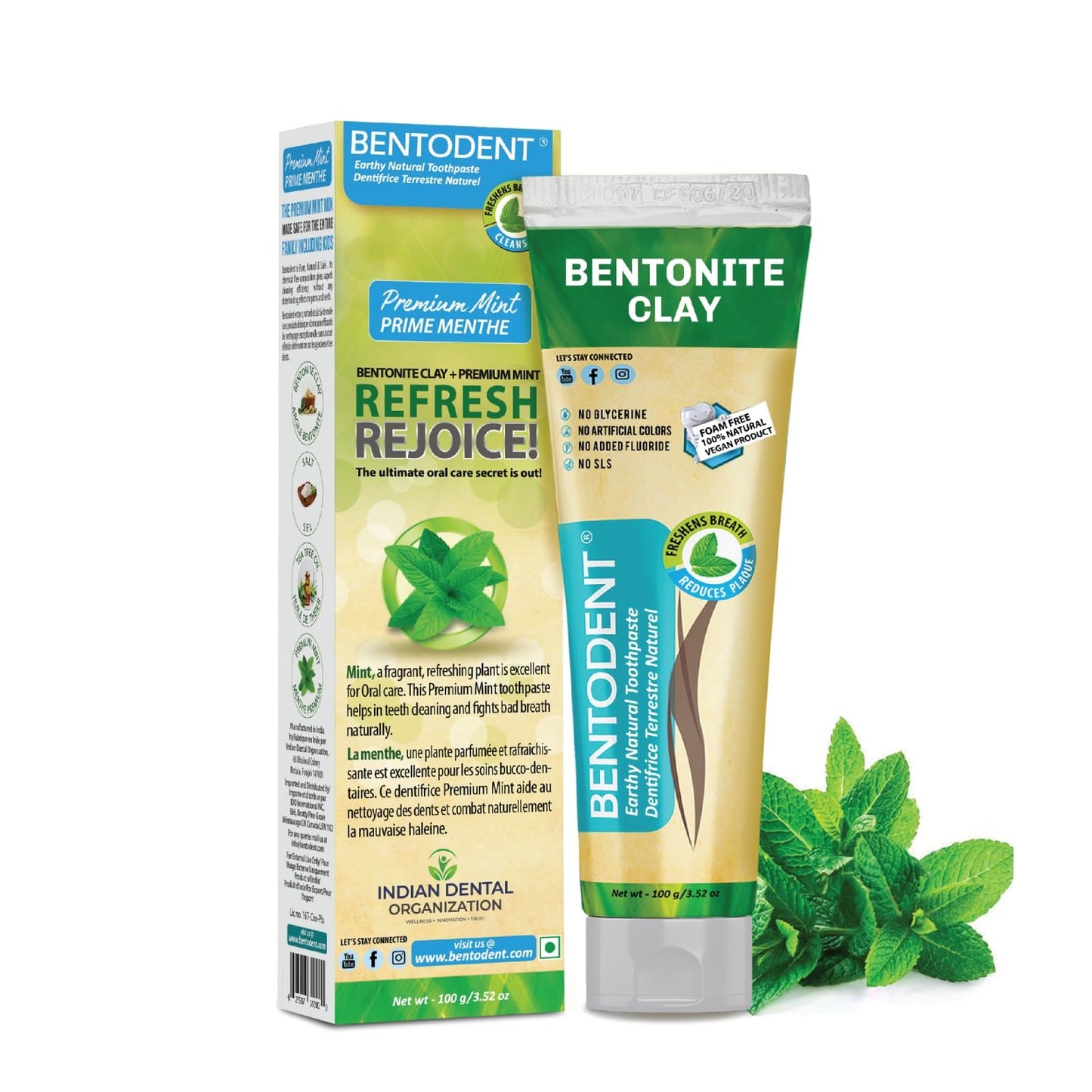 Bentodent Remineralizing Calcium Bentonite Clay Toothpaste - Fluoride Free, Organic, Premium Mint