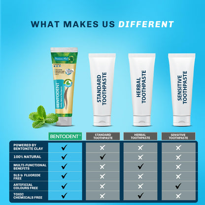 Bentodent Remineralizing Calcium Bentonite Clay Toothpaste - Fluoride Free, Organic, Premium Mint