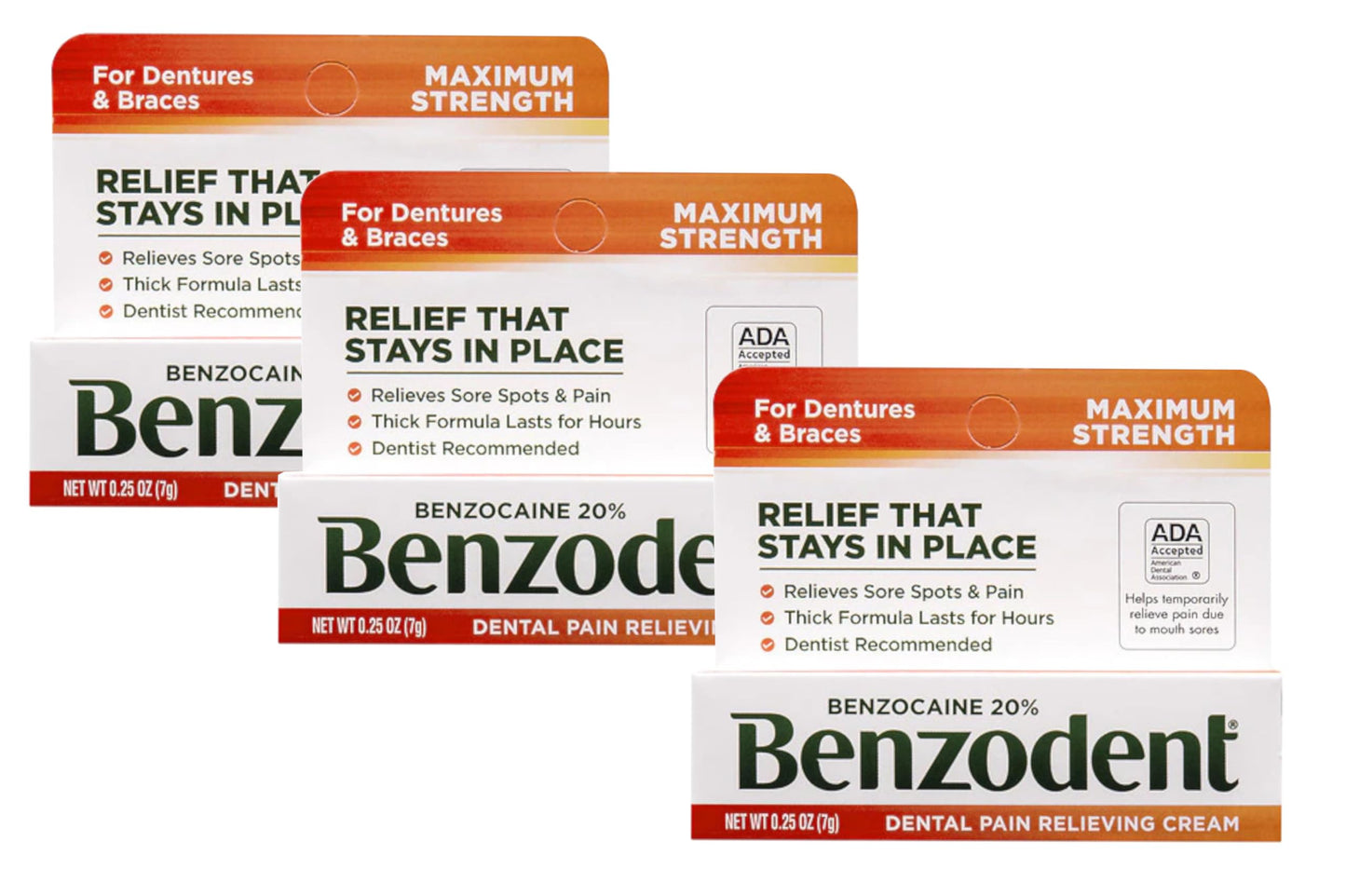 Benzodent Dental Pain Relieving Cream for Dentures & Braces – 0.25 oz Tube (Pack of 3)