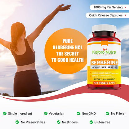 Kaibro Nutra Berberine 1000mg Supplement – Immune, Glucose & Circulatory Health | Vegan & Gluten-Free, 120 Capsules