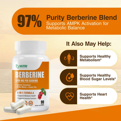 Berberine 1200mg Complex – Berberine HCl with Cinnamon, Bitter Melon & Green Tea (90 Capsules) – Gluten Free & Non-GMO
