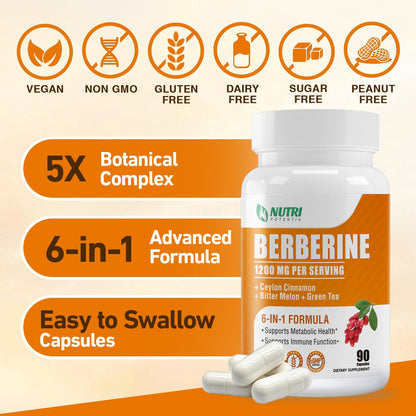 Berberine 1200mg Complex – Berberine HCl with Cinnamon, Bitter Melon & Green Tea (90 Capsules) – Gluten Free & Non-GMO