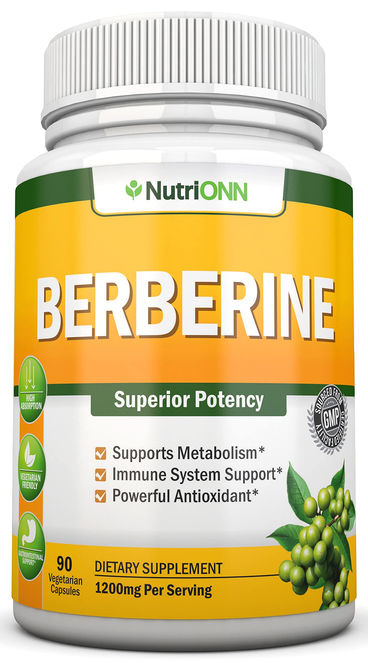 Berberine 1200 mg per Serving | 90 Vegetarian Capsules | Berberine HCl Immune Support