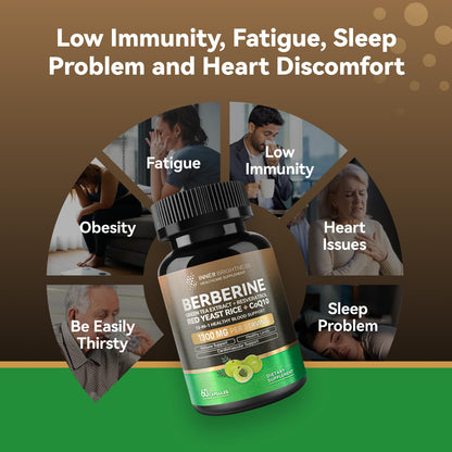 Berberine 1300mg with Green Tea Extract, Resveratrol, Red Yeast Rice & CoQ10 – 13-in-1 Immune & Metabolic Support, 60 Caps, Non-GMO