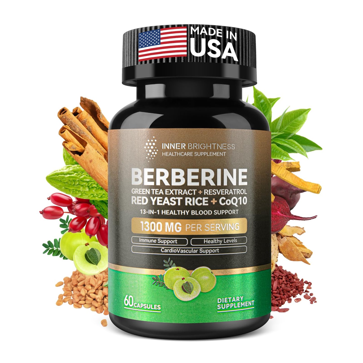 Berberine 1300mg with Green Tea Extract, Resveratrol, Red Yeast Rice & CoQ10 – 13-in-1 Immune & Metabolic Support, 60 Caps, Non-GMO