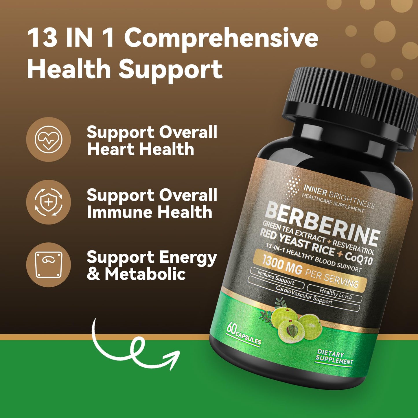 Berberine 1300mg with Green Tea Extract, Resveratrol, Red Yeast Rice & CoQ10 – 13-in-1 Immune & Metabolic Support, 60 Caps, Non-GMO