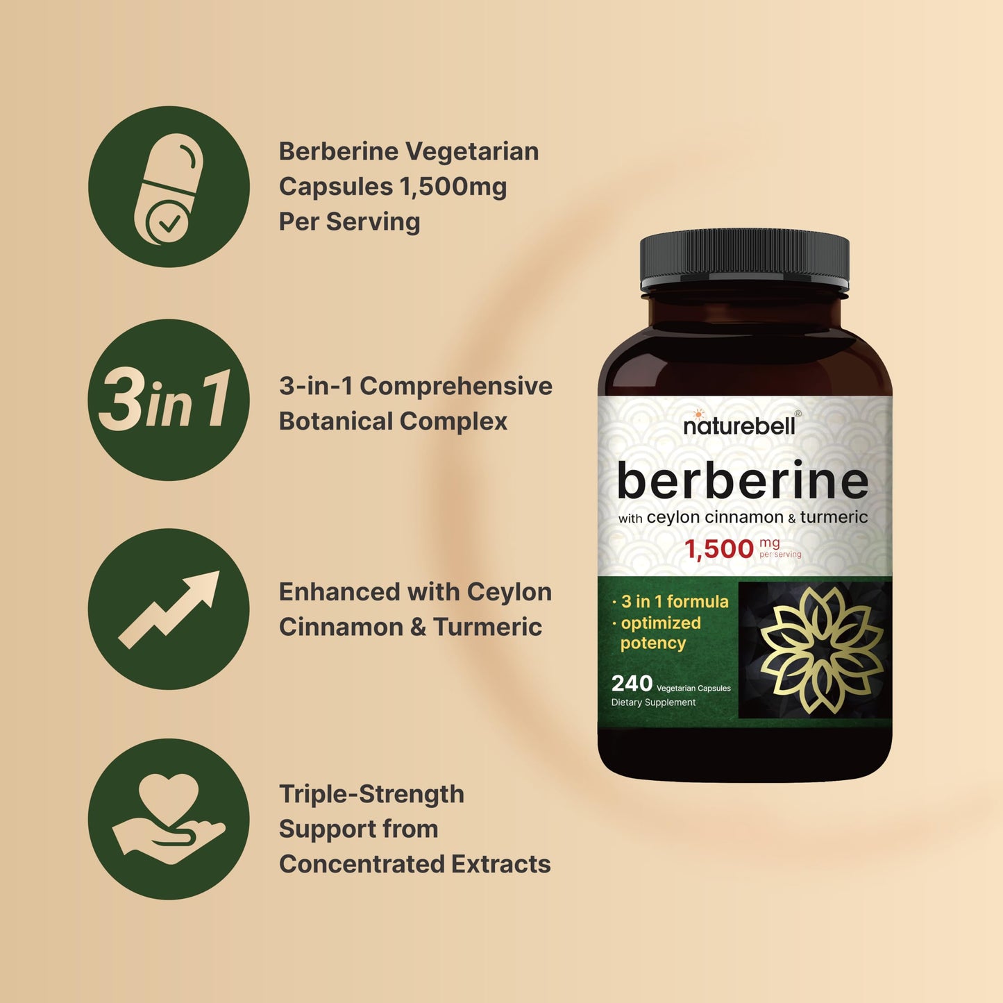 Berberine 1500mg with Cinnamon & Turmeric – 240 Veggie Capsules | 97% Pure Berberine HCL | Vegan, Non-GMO