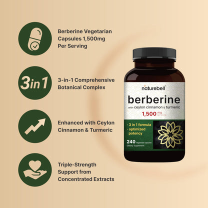 Berberine 1500mg with Cinnamon & Turmeric – 240 Veggie Capsules | 97% Pure Berberine HCL | Vegan, Non-GMO