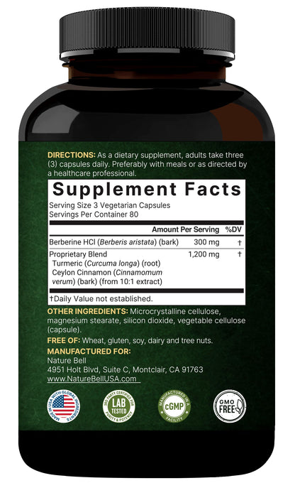 Berberine 1500mg with Cinnamon & Turmeric – 240 Veggie Capsules | 97% Pure Berberine HCL | Vegan, Non-GMO
