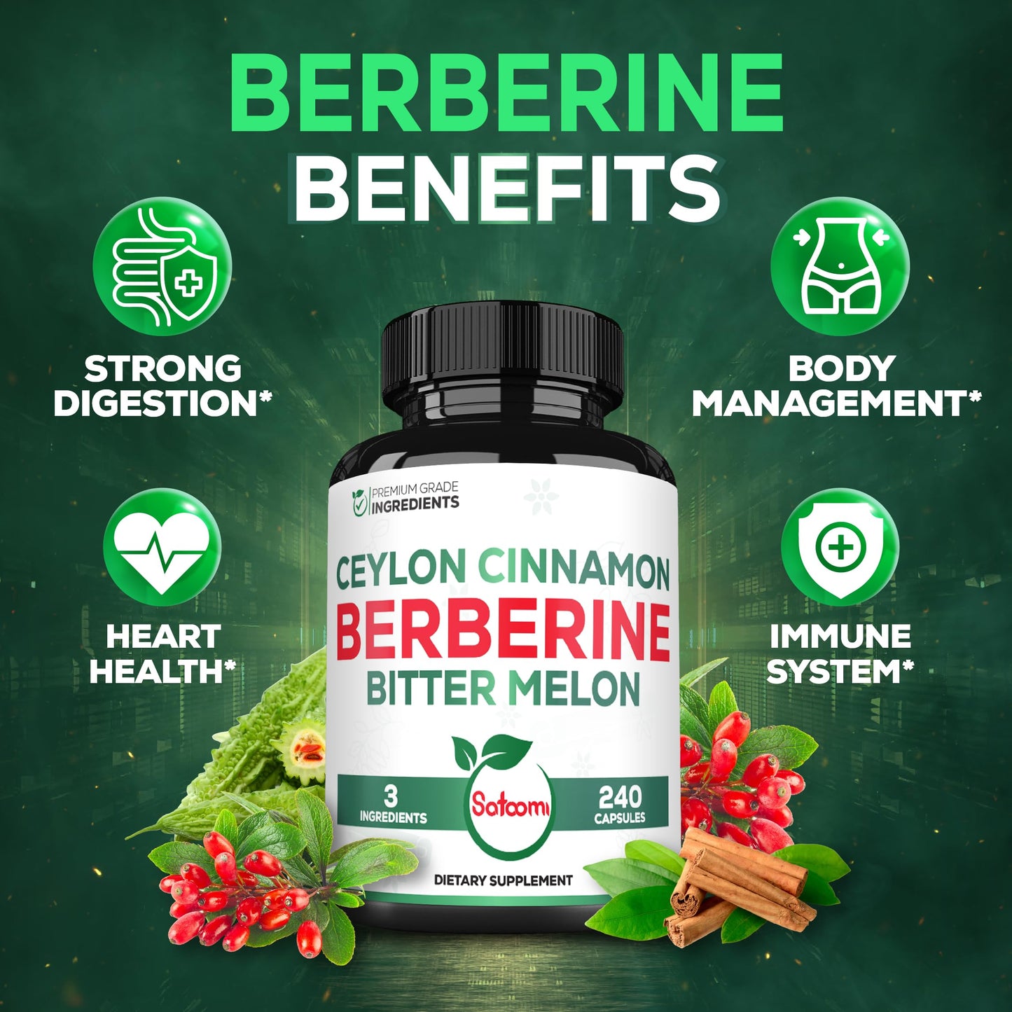 Berberine 1500mg with Organic Cinnamon Bark & Bitter Melon – 240 Vegan Capsules (80 Servings)