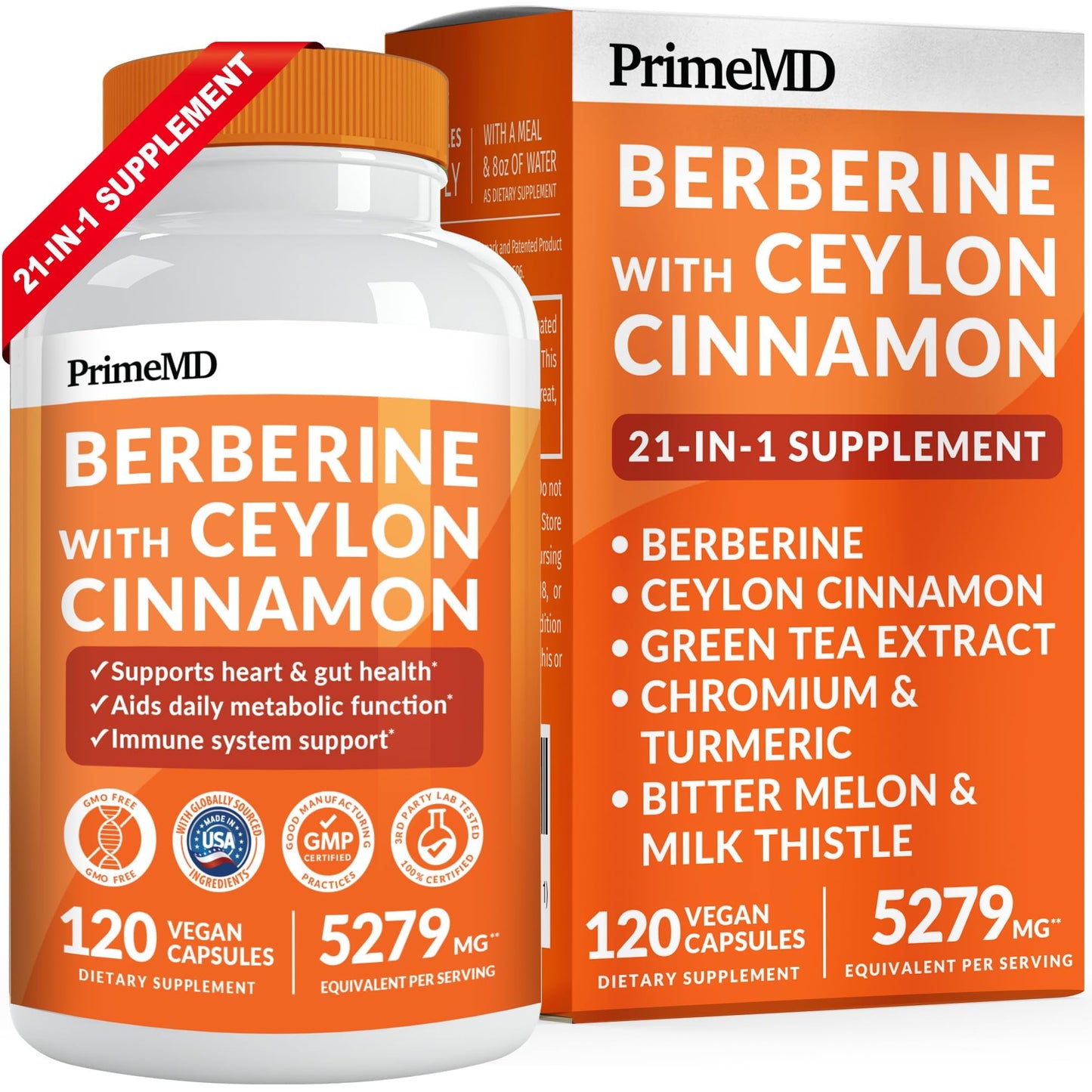 21-in-1 Berberine Supplement with Cinnamon, Chromium, Bitter Melon & Green Tea Extract – 120 Count