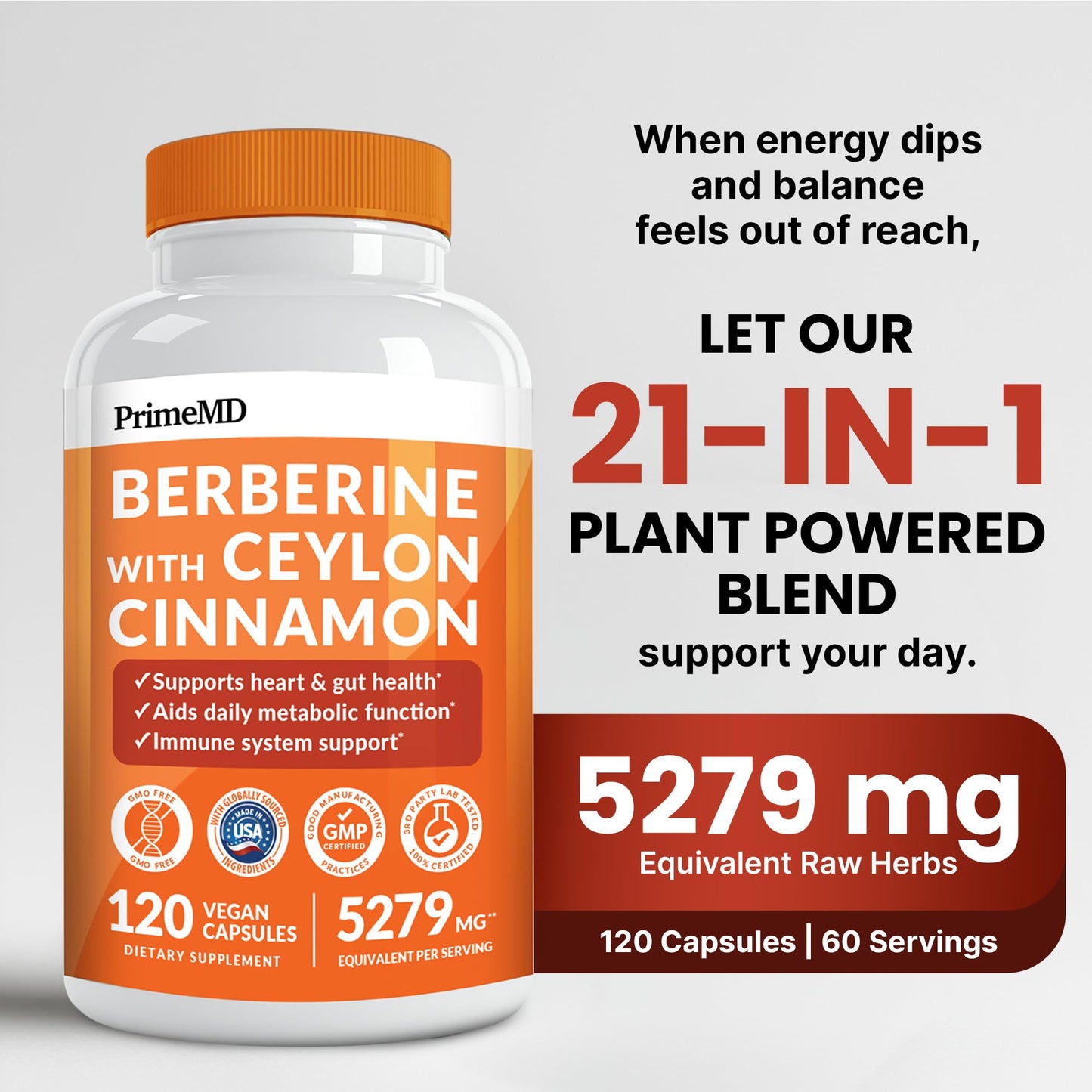 21-in-1 Berberine Supplement with Cinnamon, Chromium, Bitter Melon & Green Tea Extract – 120 Count