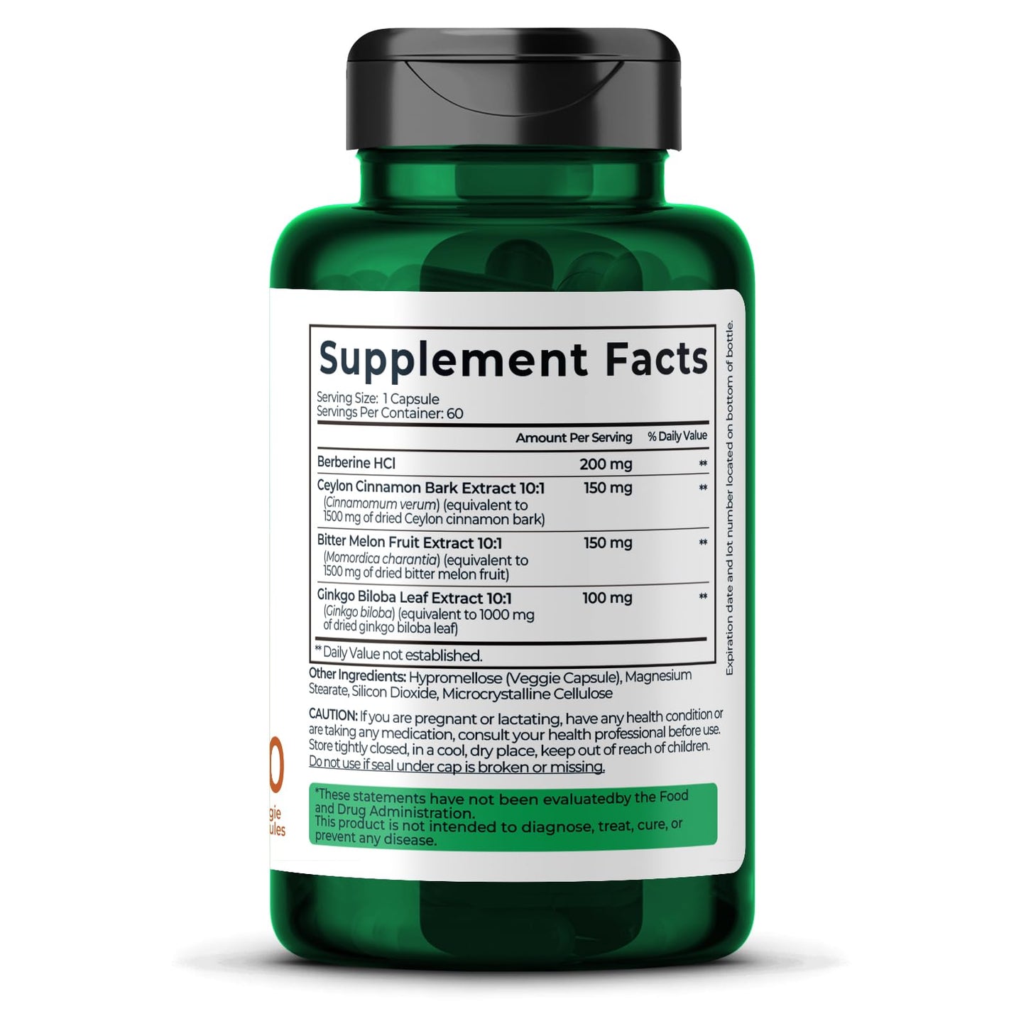 Berberine Supplement with Bitter Melon, Ginkgo Biloba & Ceylon Cinnamon – 60 Capsules, Vegan, Made in USA