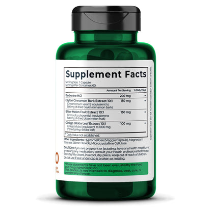 Berberine Supplement with Bitter Melon, Ginkgo Biloba & Ceylon Cinnamon – 60 Capsules, Vegan, Made in USA