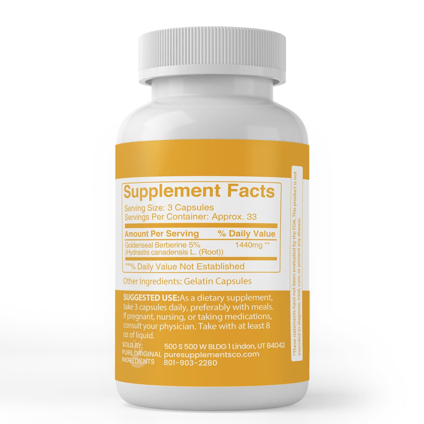 Pure Goldenseal Berberine Capsules - 100 Count, No Additives, Lab Verified