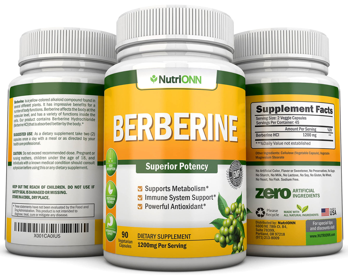 Berberine 1200 mg per Serving | 90 Vegetarian Capsules | Berberine HCl Immune Support