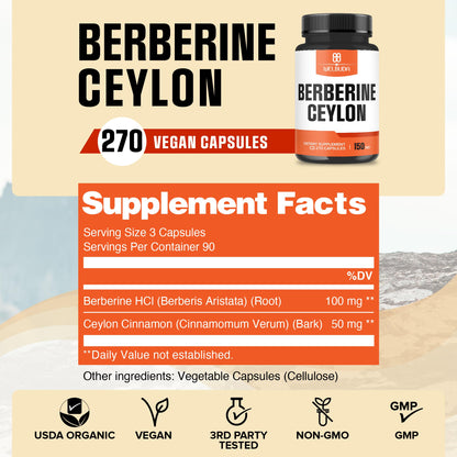 Berberine Supplement with Ceylon Cinnamon – Circulatory Health & Wellness (270 Capsules)