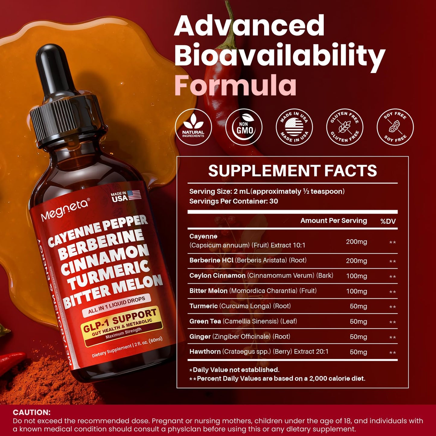 Berberine with Ceylon Cinnamon & Cayenne Pepper Liquid Drops – Digestive & Immune Support, GLP-1 Boost, 2 oz